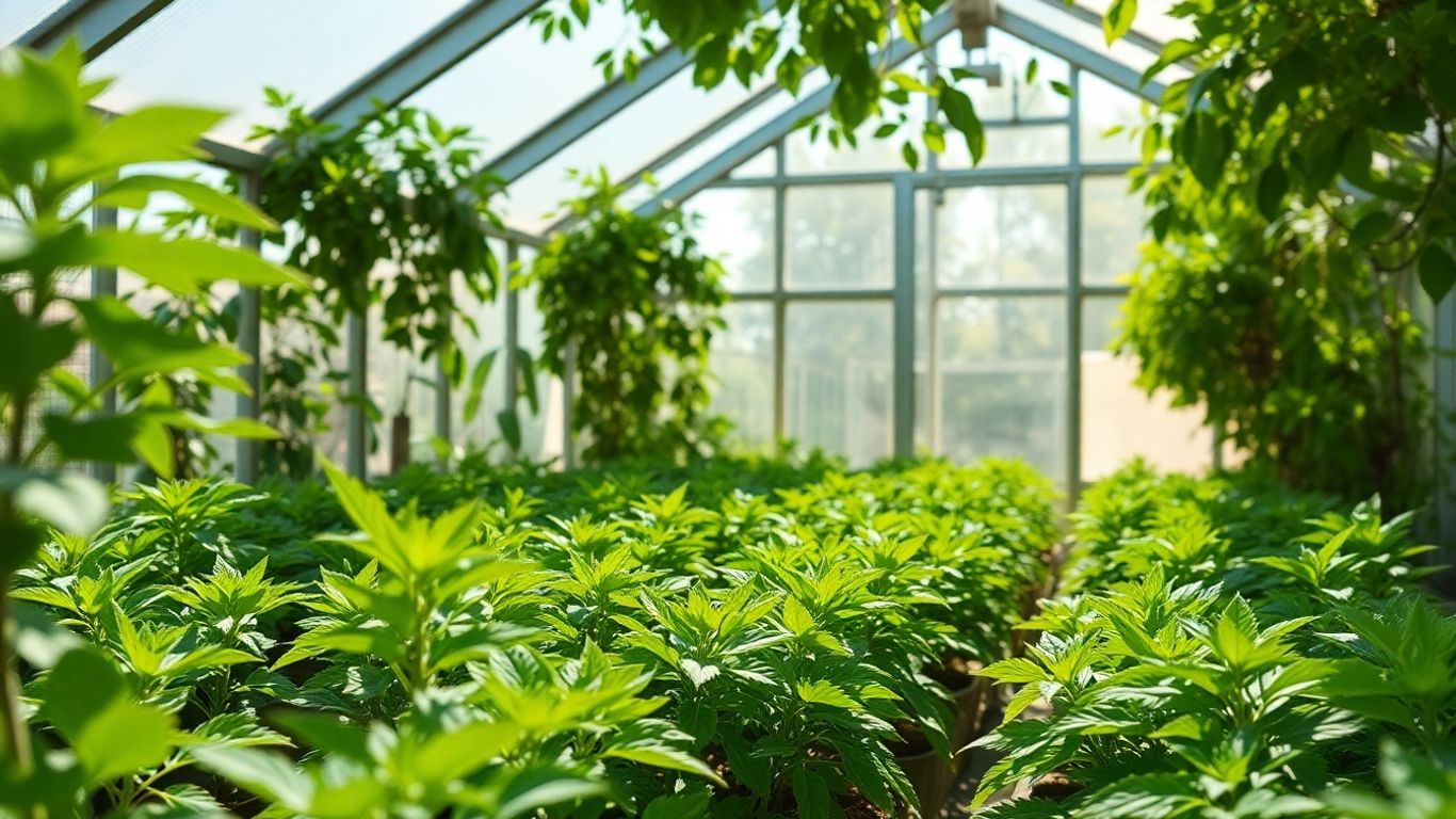 Interior seră cu plante verzi și lumină naturală.