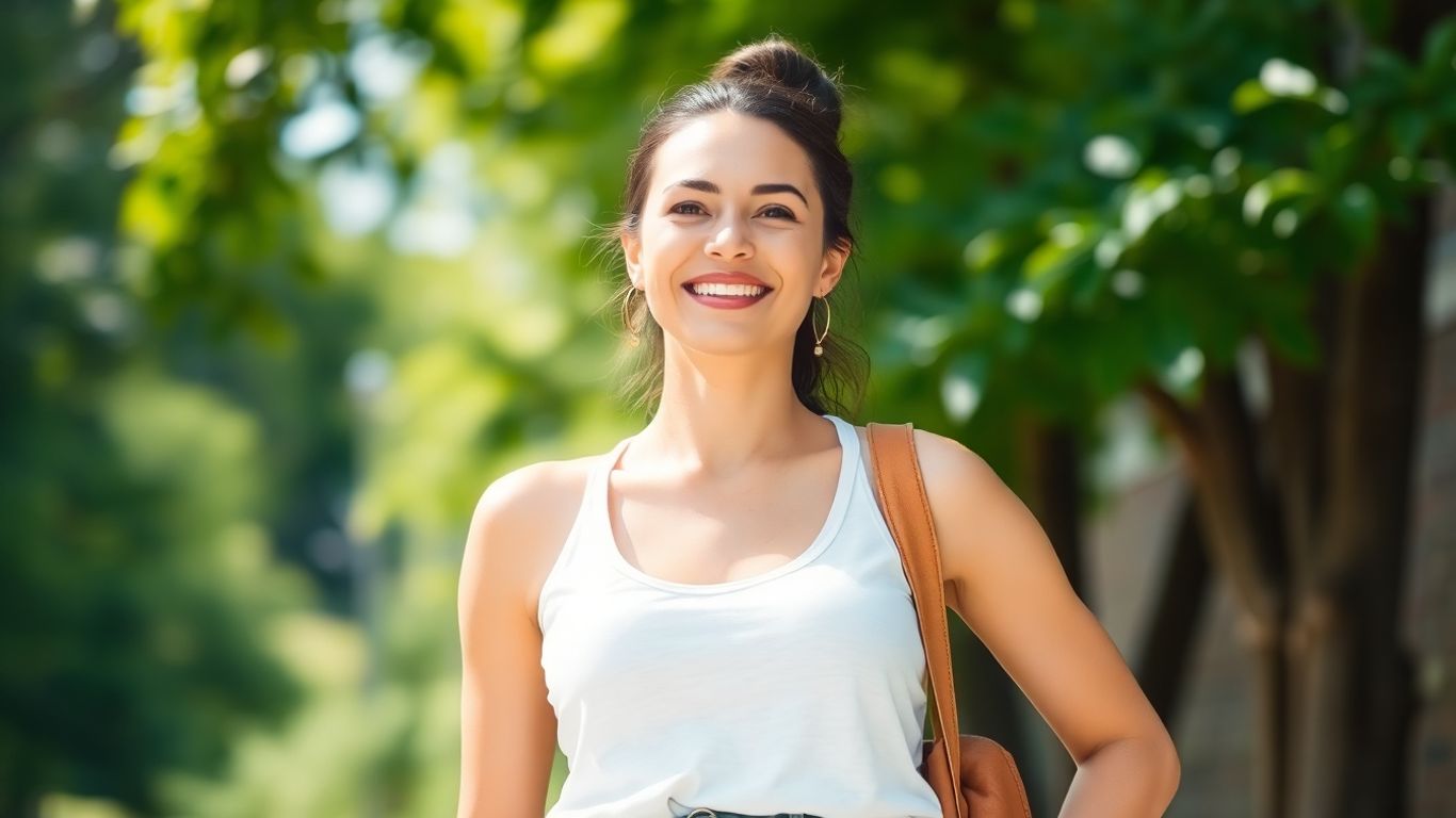 Confident woman smiling outdoors in natural sunlight