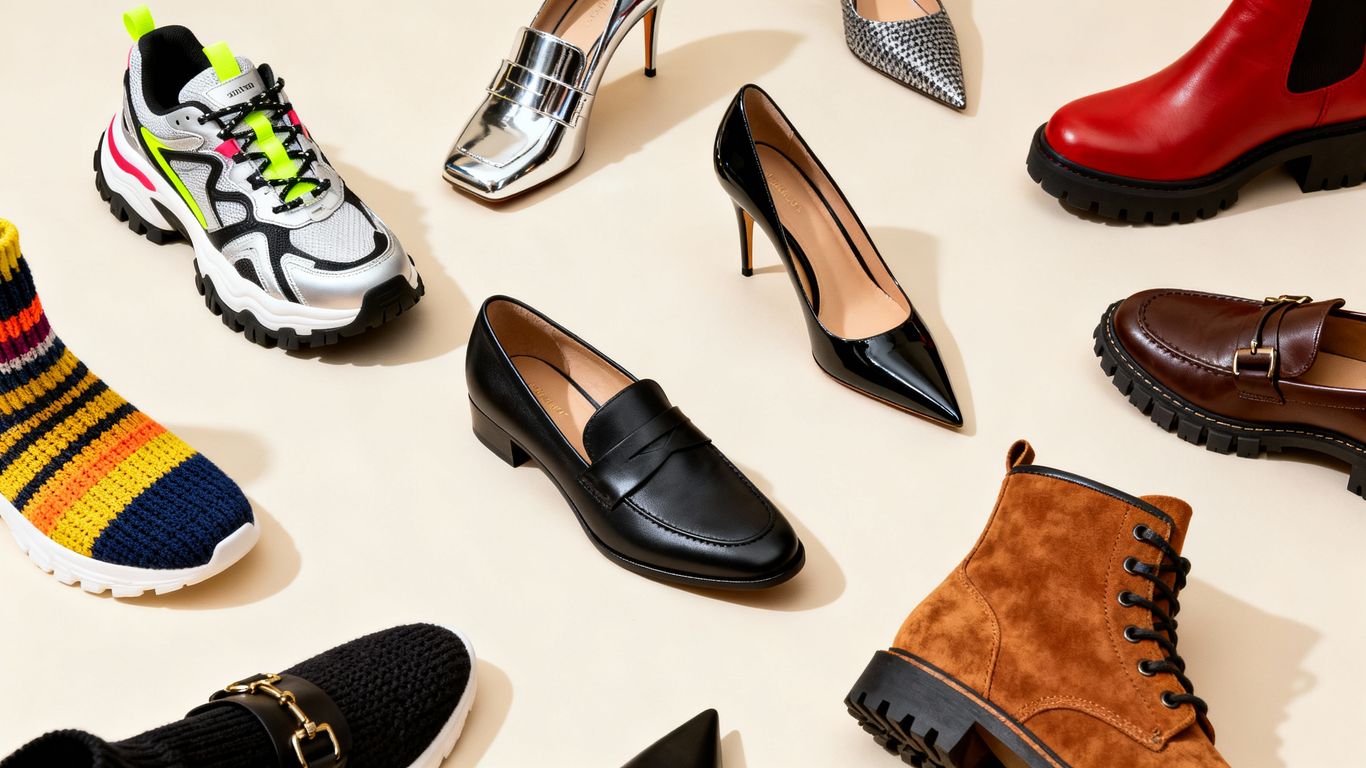 Stylish shoes: sneakers, heels, loafers, and boots.