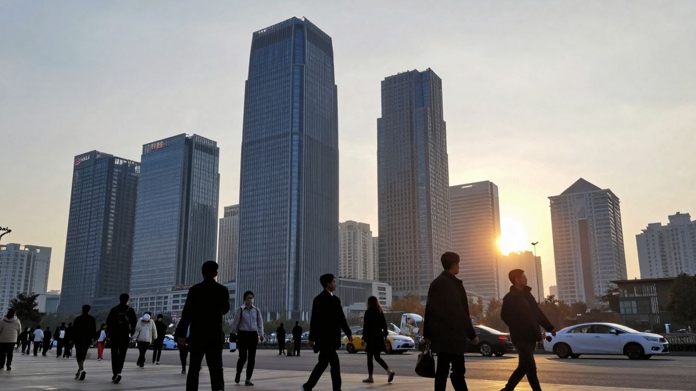 Emerging market cityscape with skyscrapers and bustling streets.