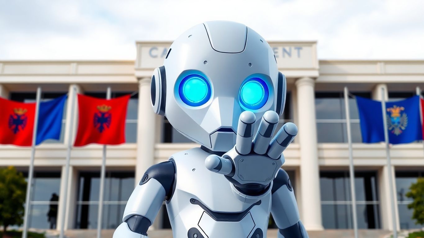 AI minister robot in front of Albanian government building.