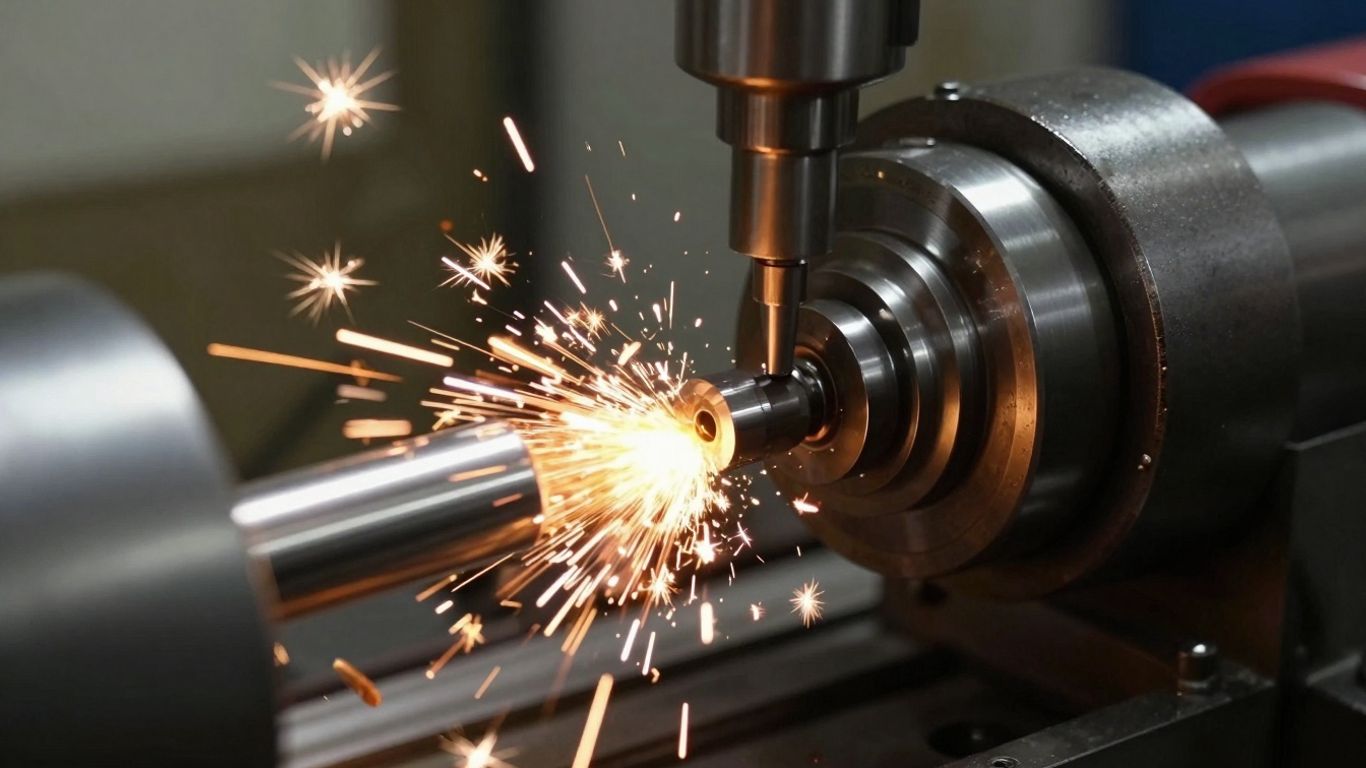 Lathe machining workpiece with sparks flying.