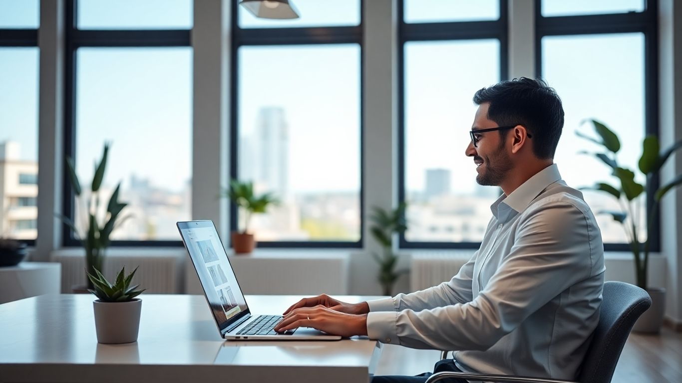 Agent imobiliar lucrând la laptop într-un birou modern