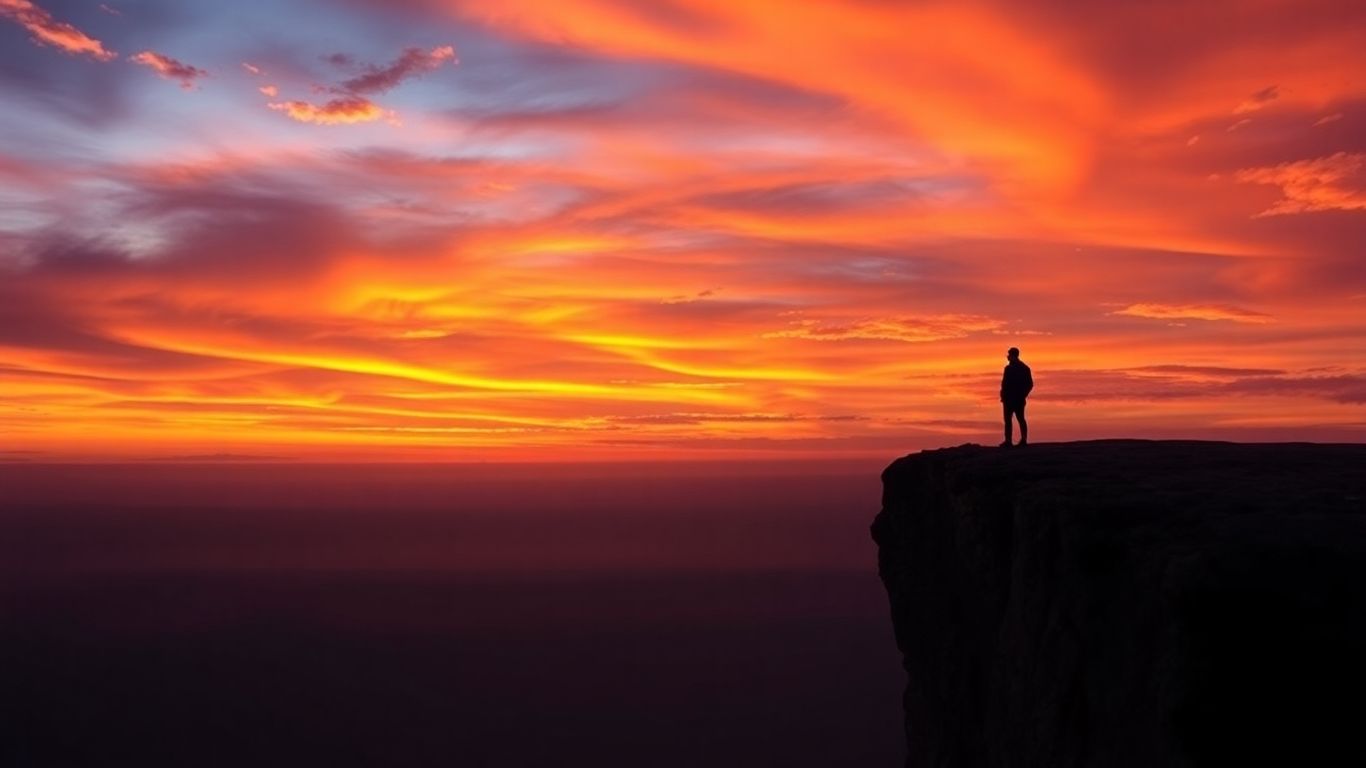 Nachdenkliche Person blickt auf dramatischen Sonnenuntergang