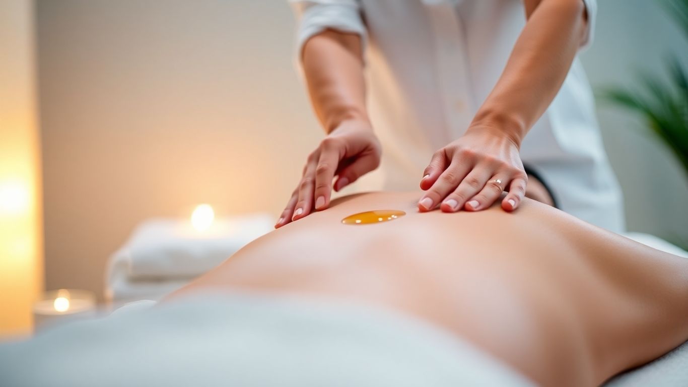Mains d'un masseur appliquant de l'huile sur un dos.