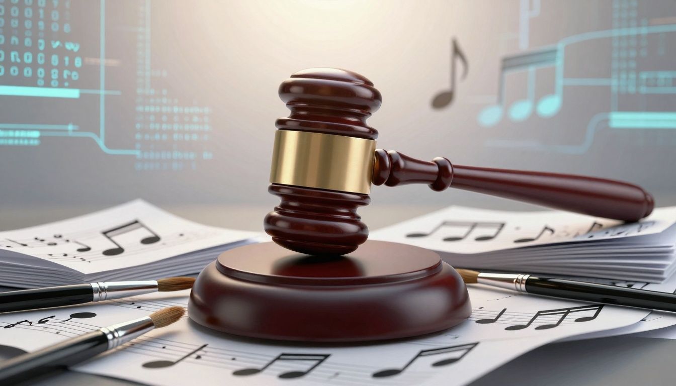 Gavel striking creative tools, symbolizing artists' copyright victory over AI.