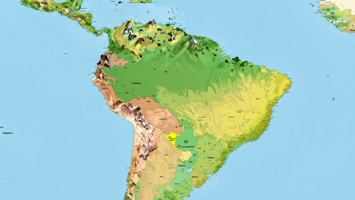 Mapa político de América del Sur con características geográficas.