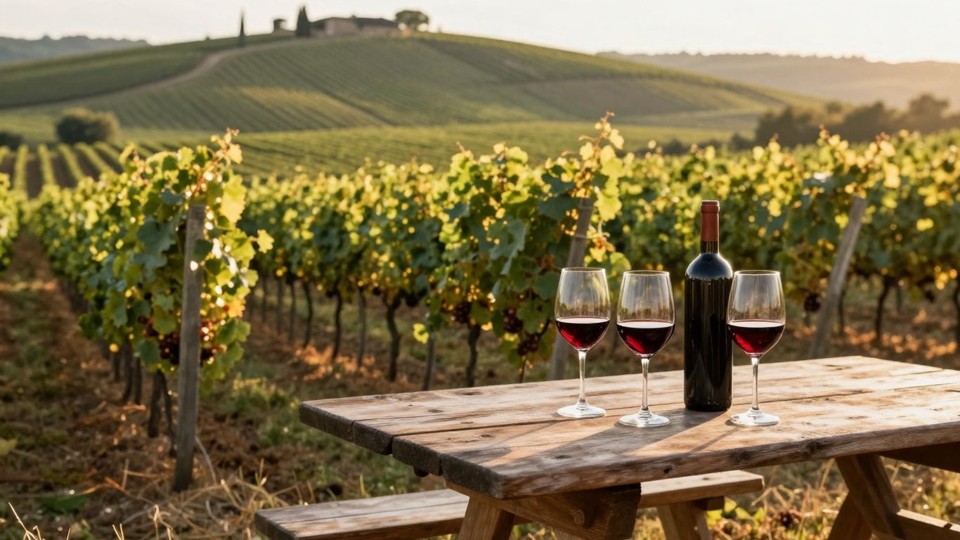 Podgorie însorită cu pahare de vin pe o masă.