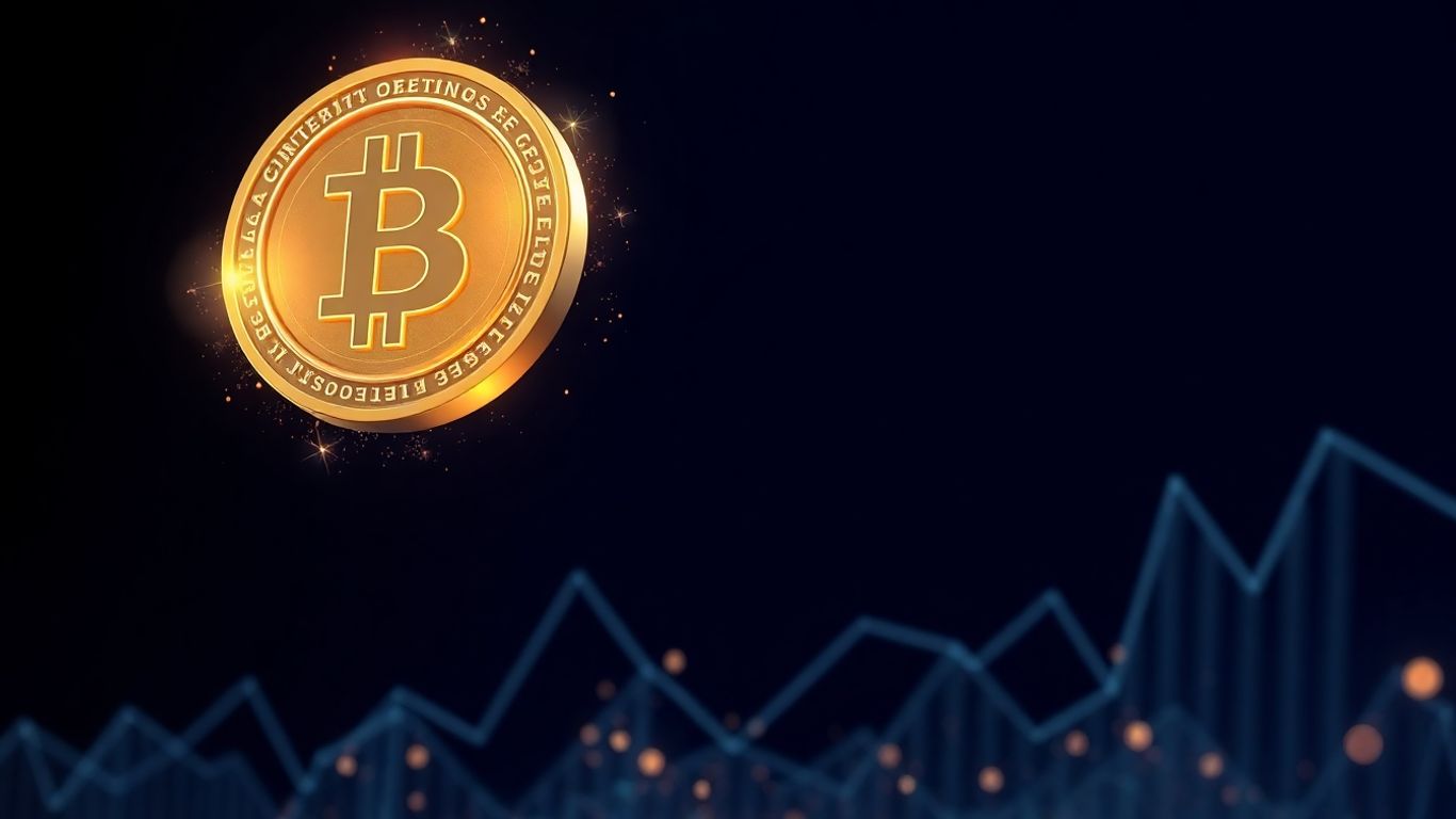 Digital coin with glowing aura above abstract market