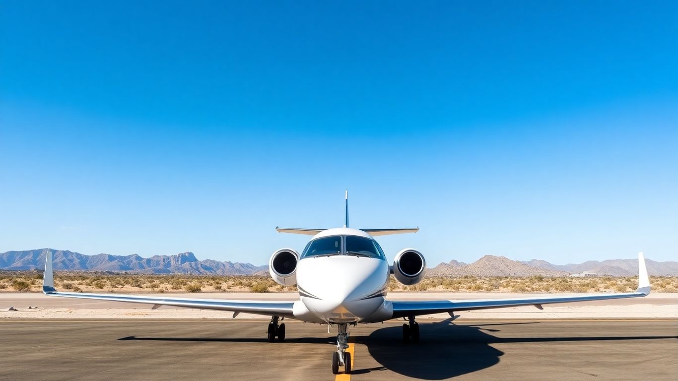 Private jet at Scottsdale airport with desert mountains.