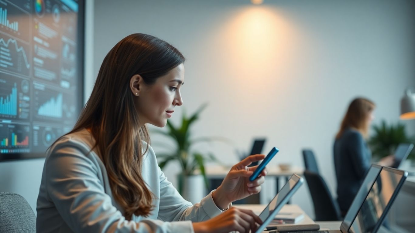 People using modern digital interfaces in harmonious workspace