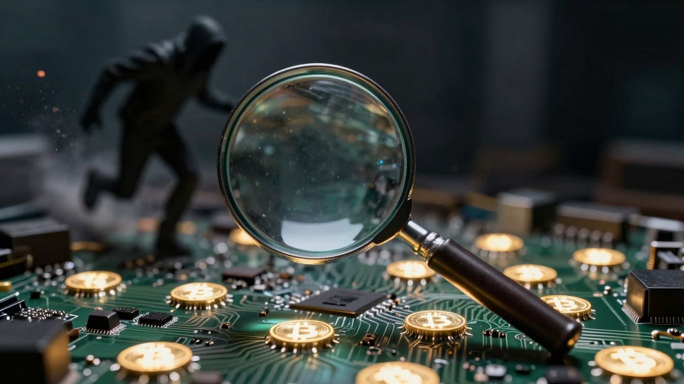 Magnifying glass over circuit board with Bitcoin symbols.