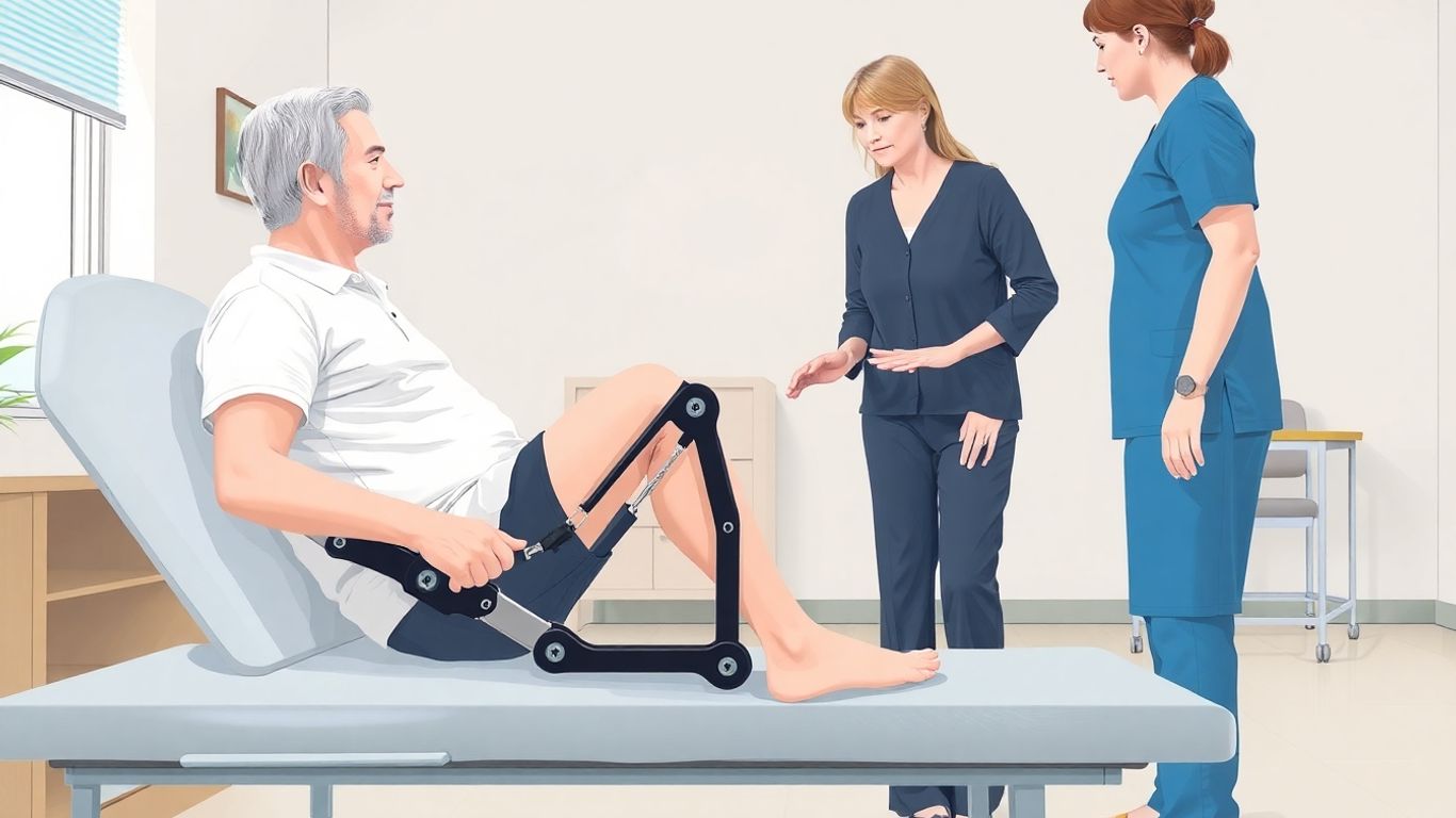 Patient mit Knie-Knöchel-Exoskelett in der Schlaganfall-Therapie