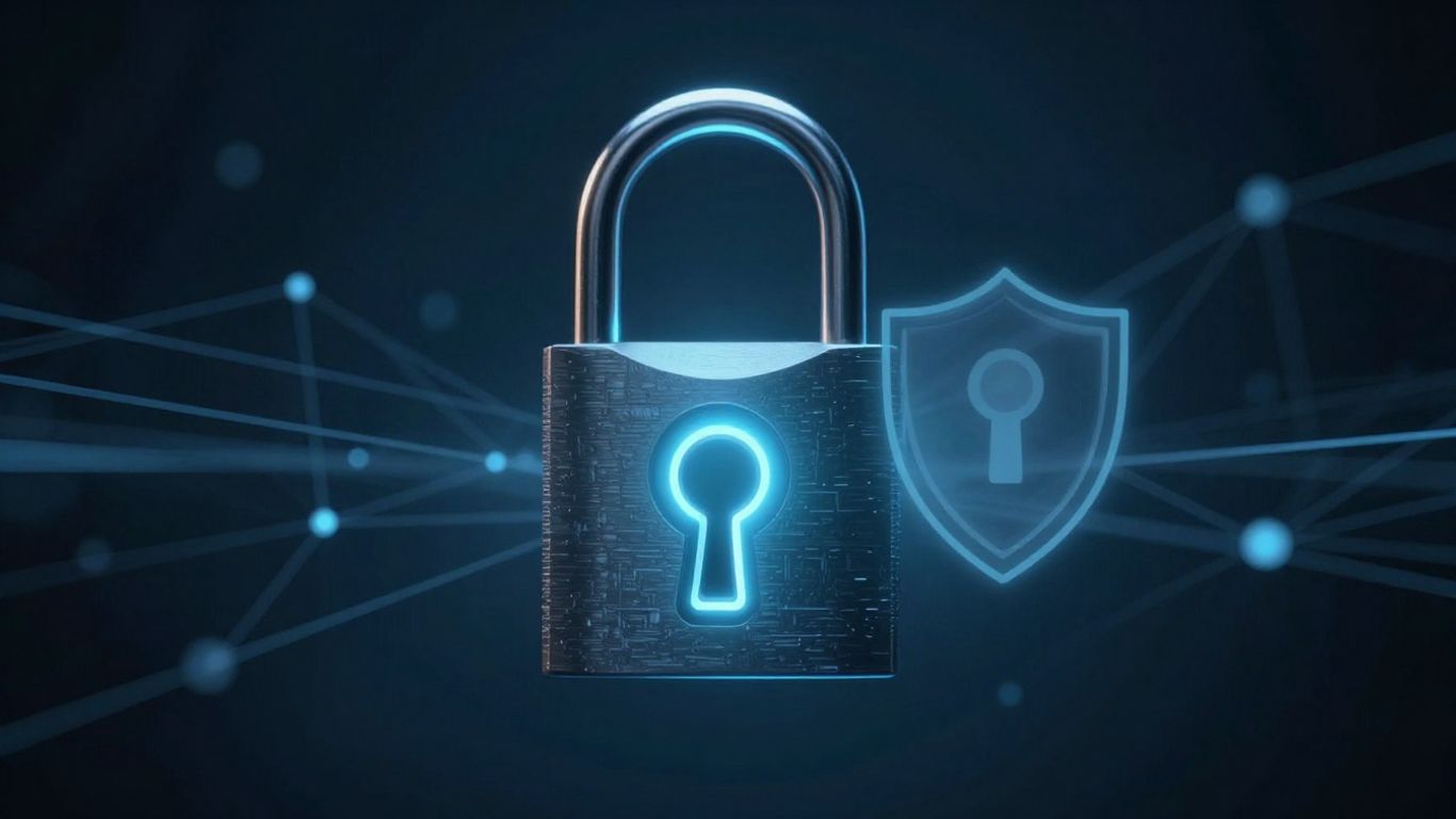 Digital lock and keyhole with network lines and shield.