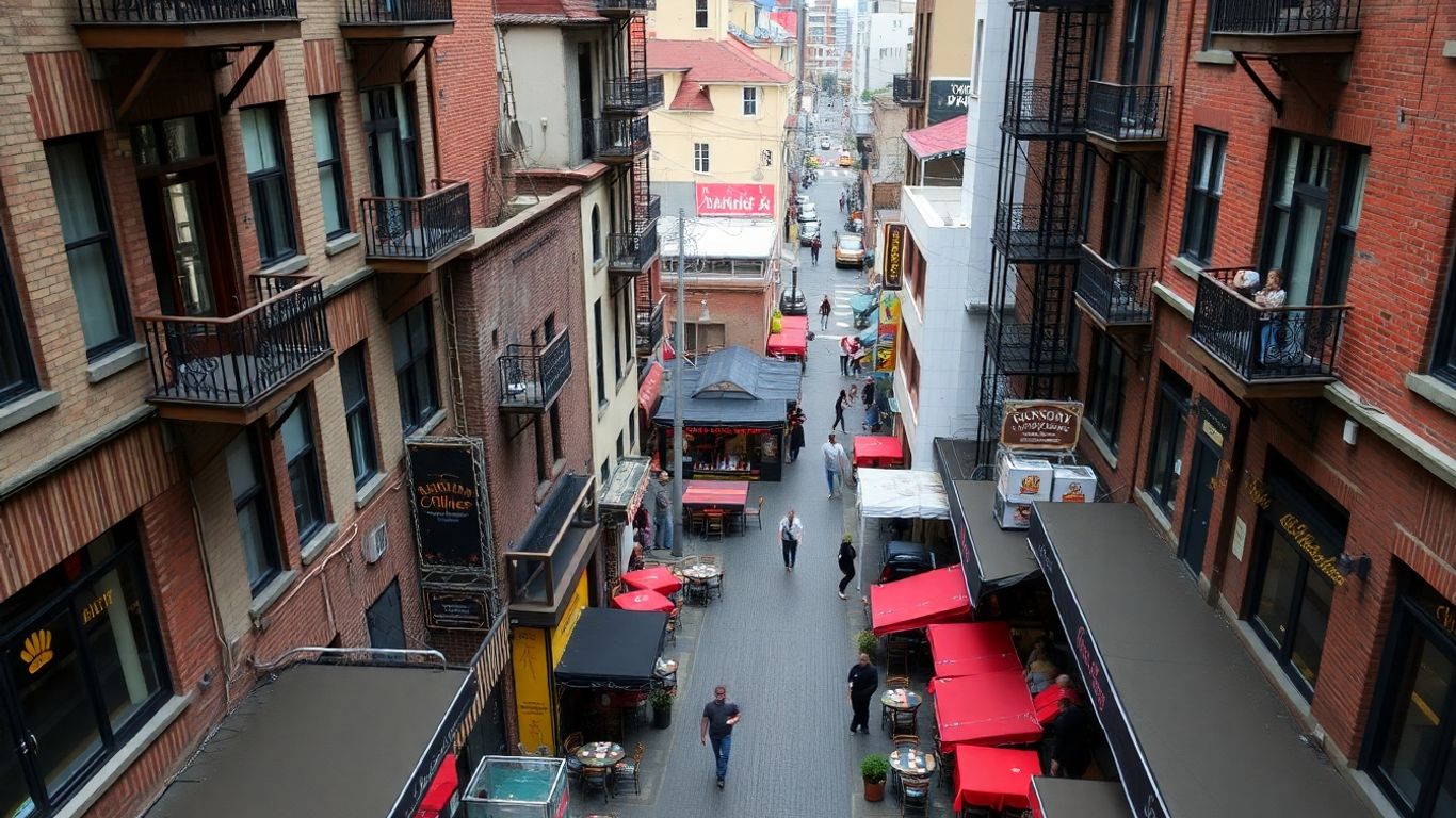 Vue aérienne de rues de ville avec restaurants variés