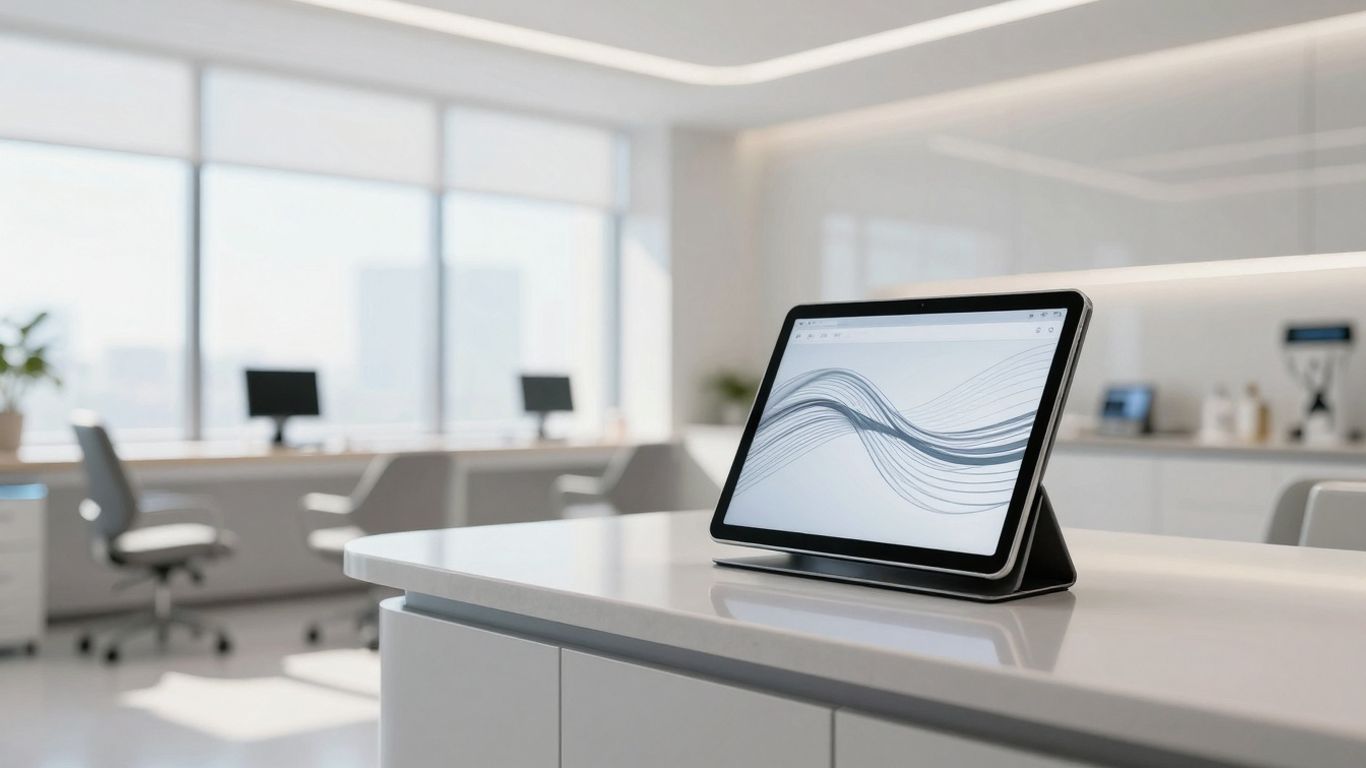 Modern aesthetic clinic interior with digital tablet.