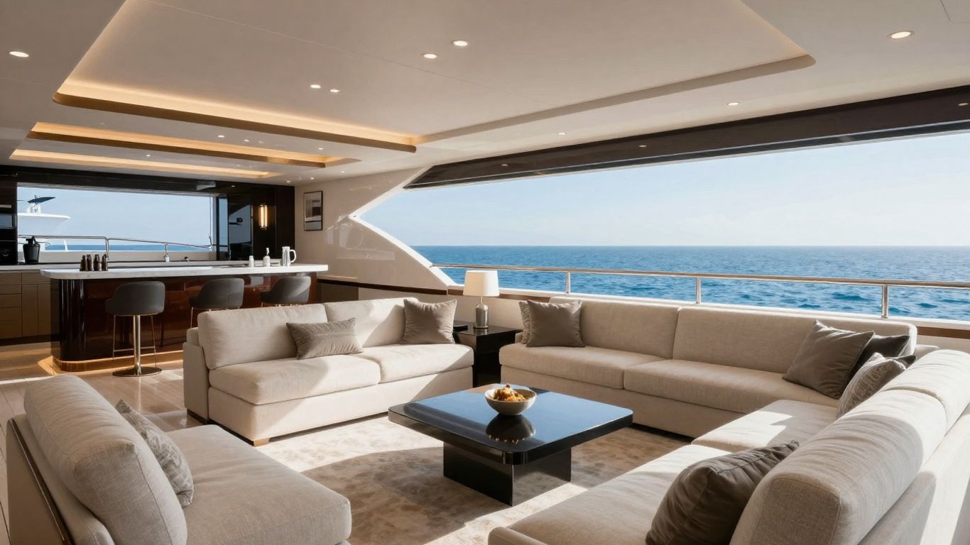 Luxury yacht interior with living and entertainment areas.