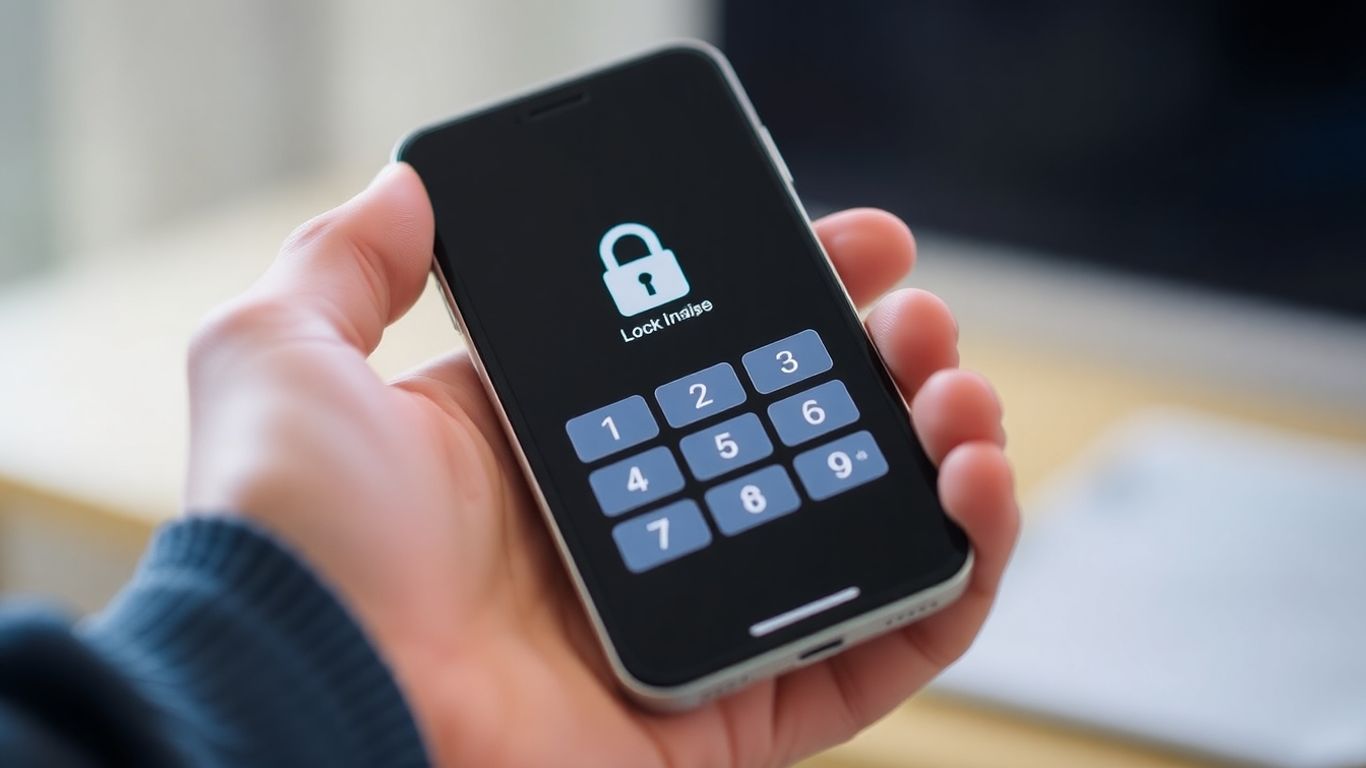 Mão segurando celular com tela de bloqueio ativada.