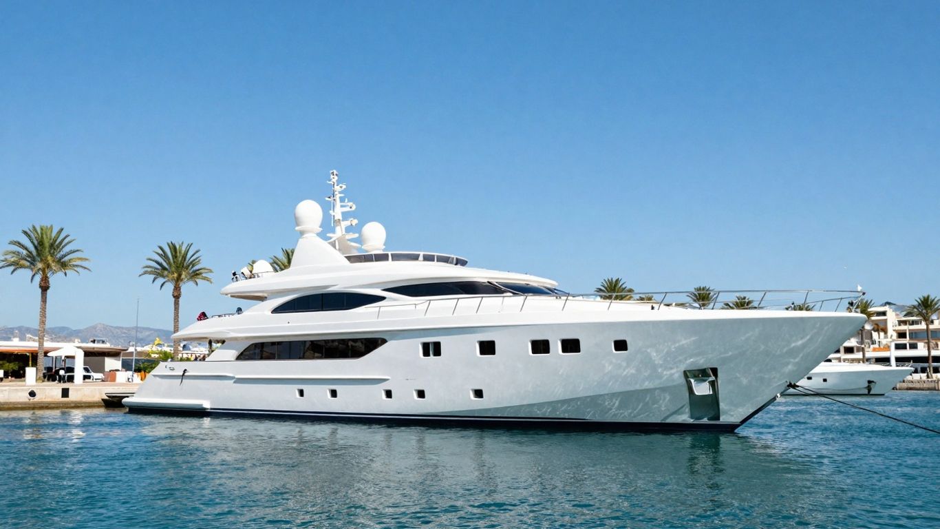 Superyacht docked at Marina Ibiza with blue water and sky.