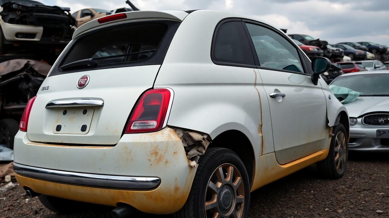 Damaged Fiat 500 in a junkyard