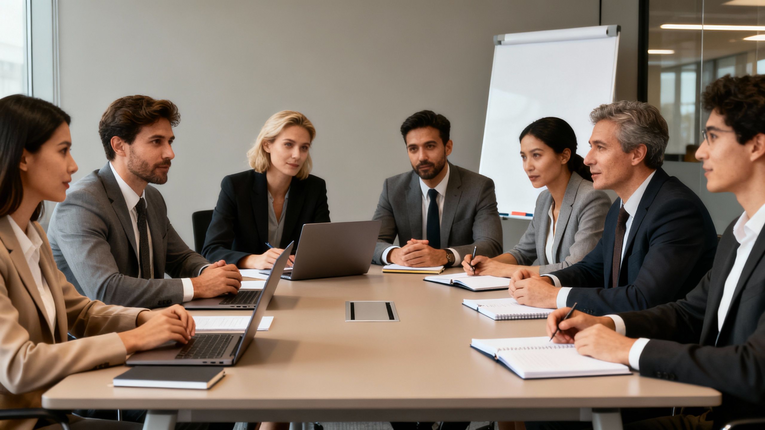 Team of professionals discussing CRM choices around a conference table