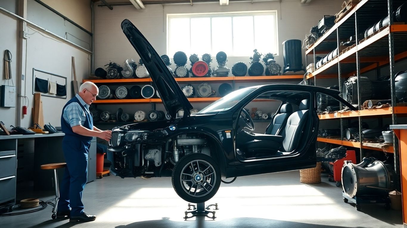 BMW car parts and mechanic in workshop.