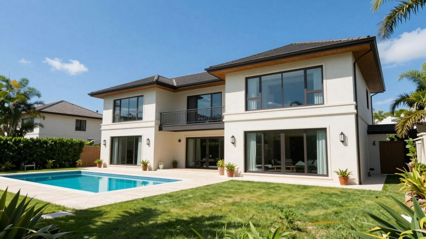 Casa de vacaciones soleada con piscina y césped verde.