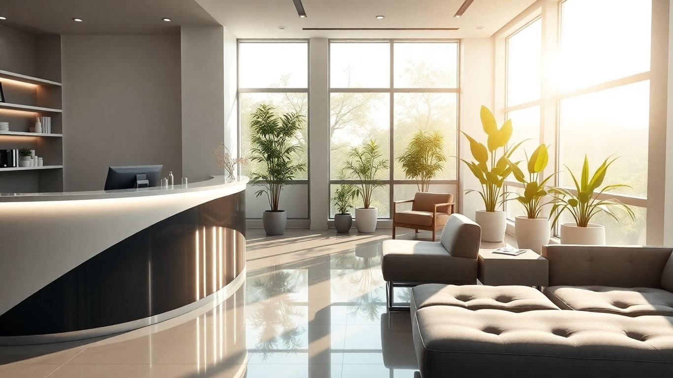 Modern aesthetic clinic interior with reception desk and seating.