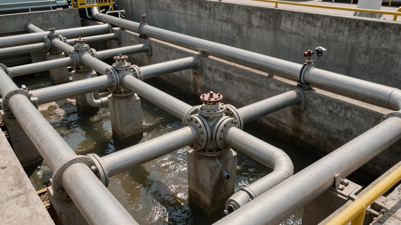 Wastewater infrastructure pipes and concrete structures.