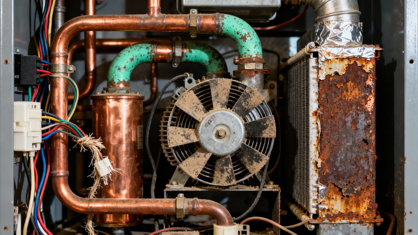 Home furnace interior with pipes and motor.