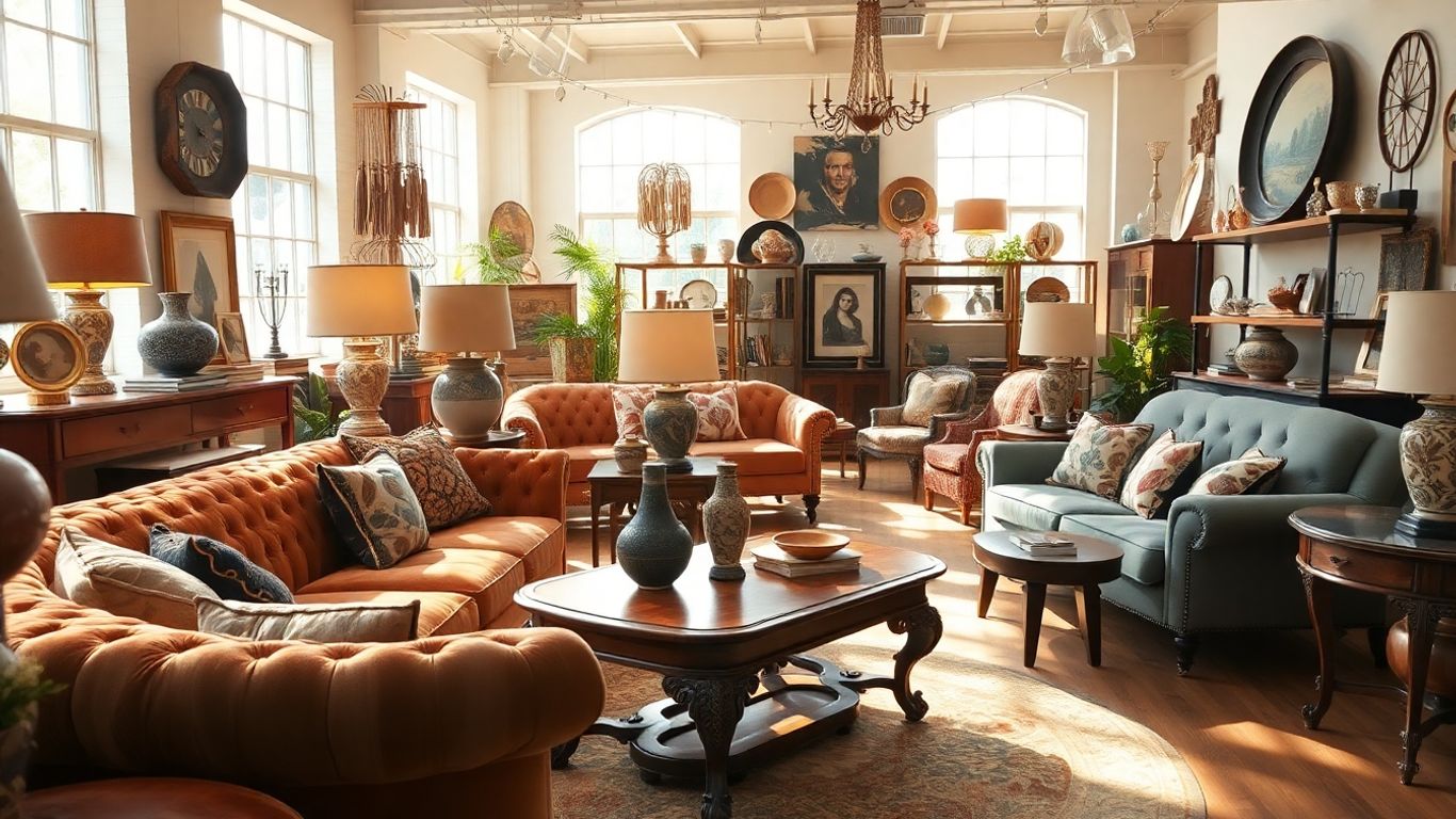 Stylish furniture showroom with sofas, tables, and lamps.