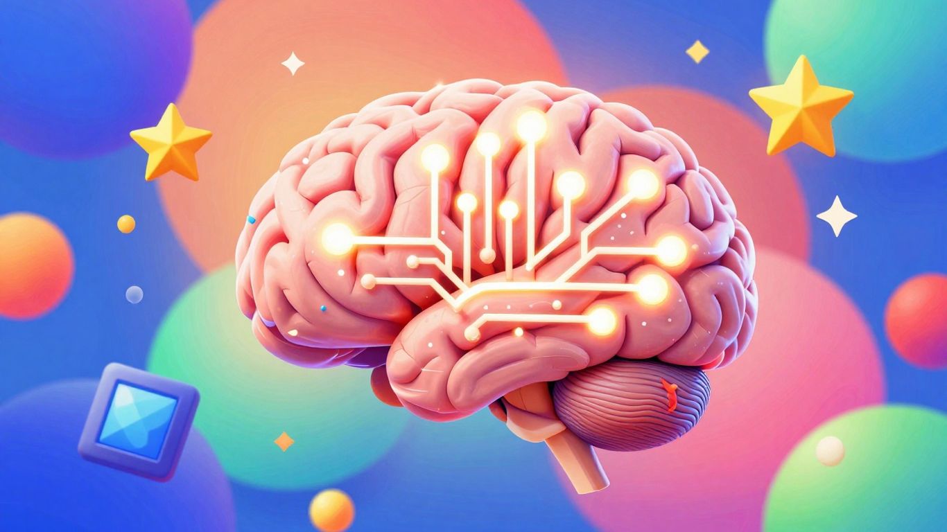 Brain with glowing circuits and game elements