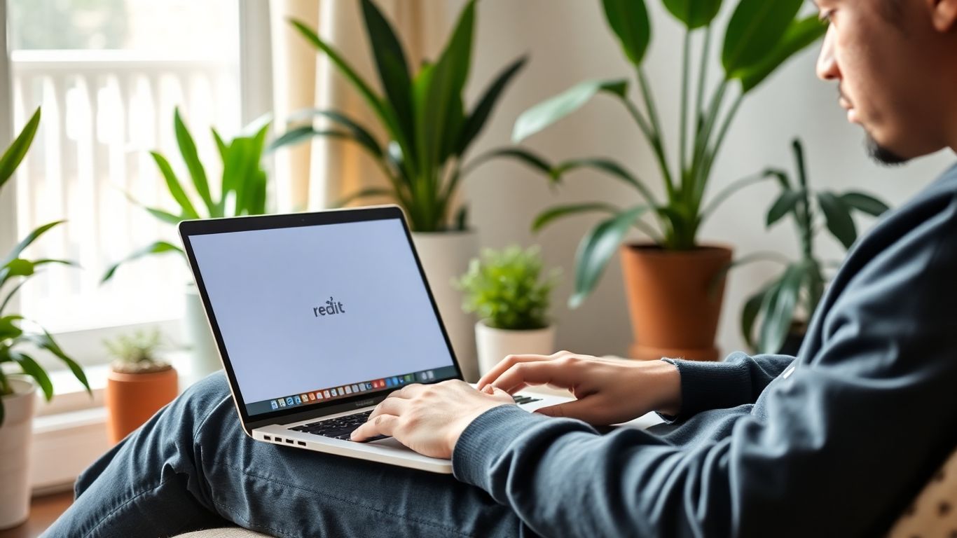 Person working from home on laptop with Reddit visible.