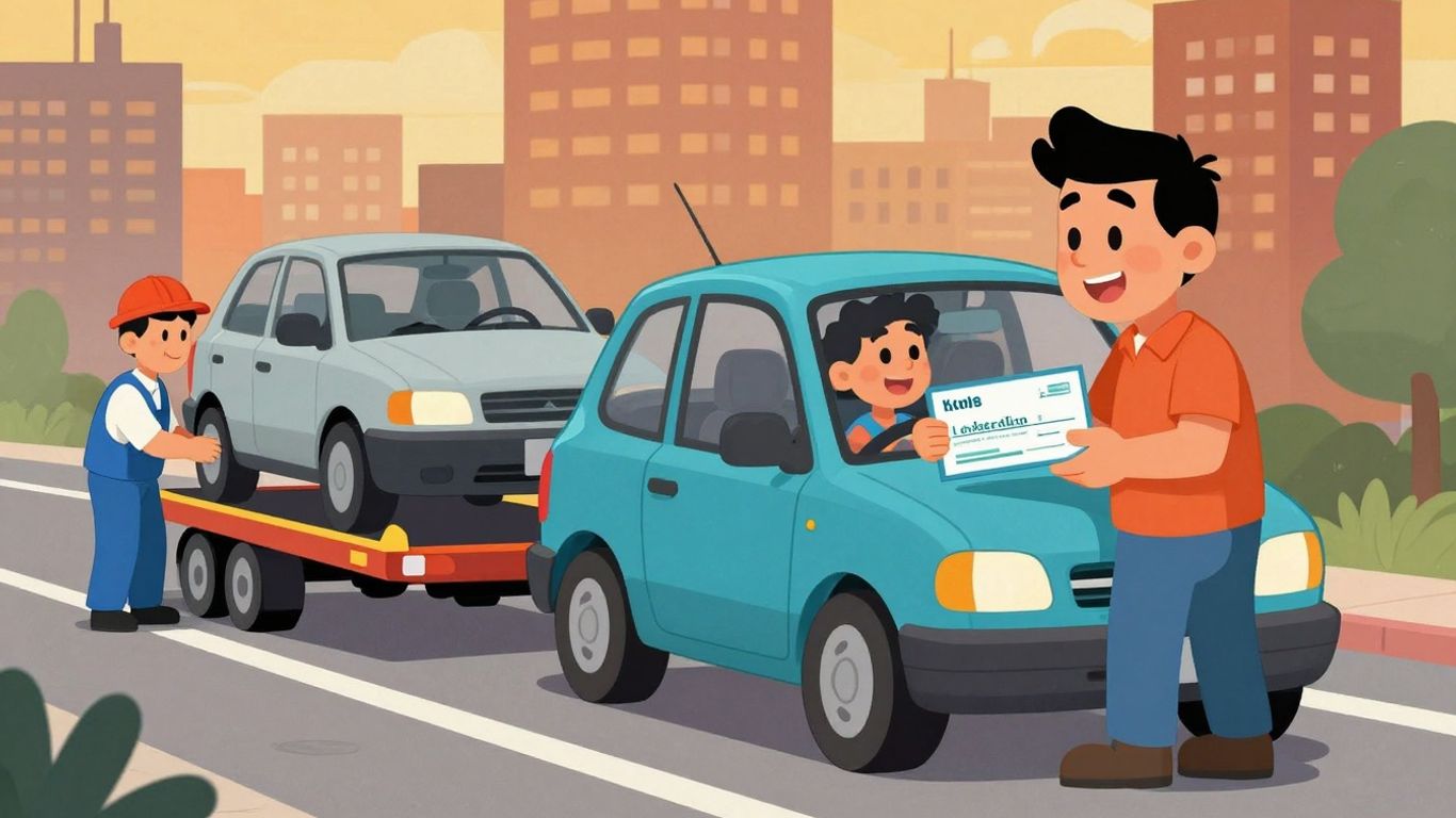 Cartoon car, loan check, and mechanic helping with auto repair.