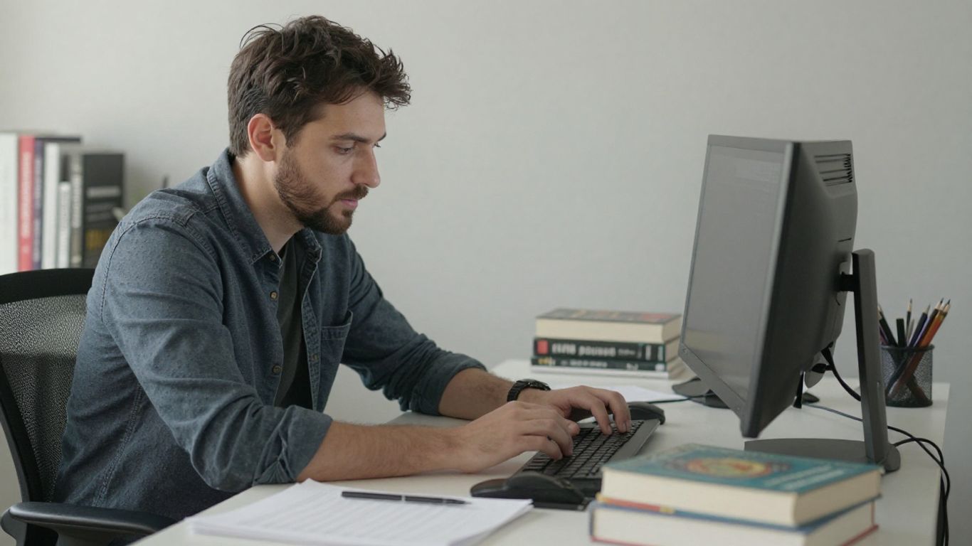 Un écrivain concentré dans un bureau moderne avec livres.