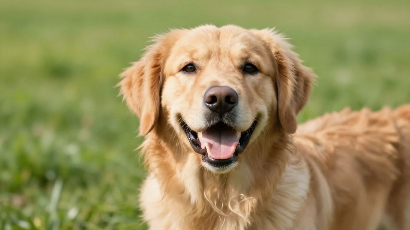 Happy dog in a grassy field, looking at the camera.