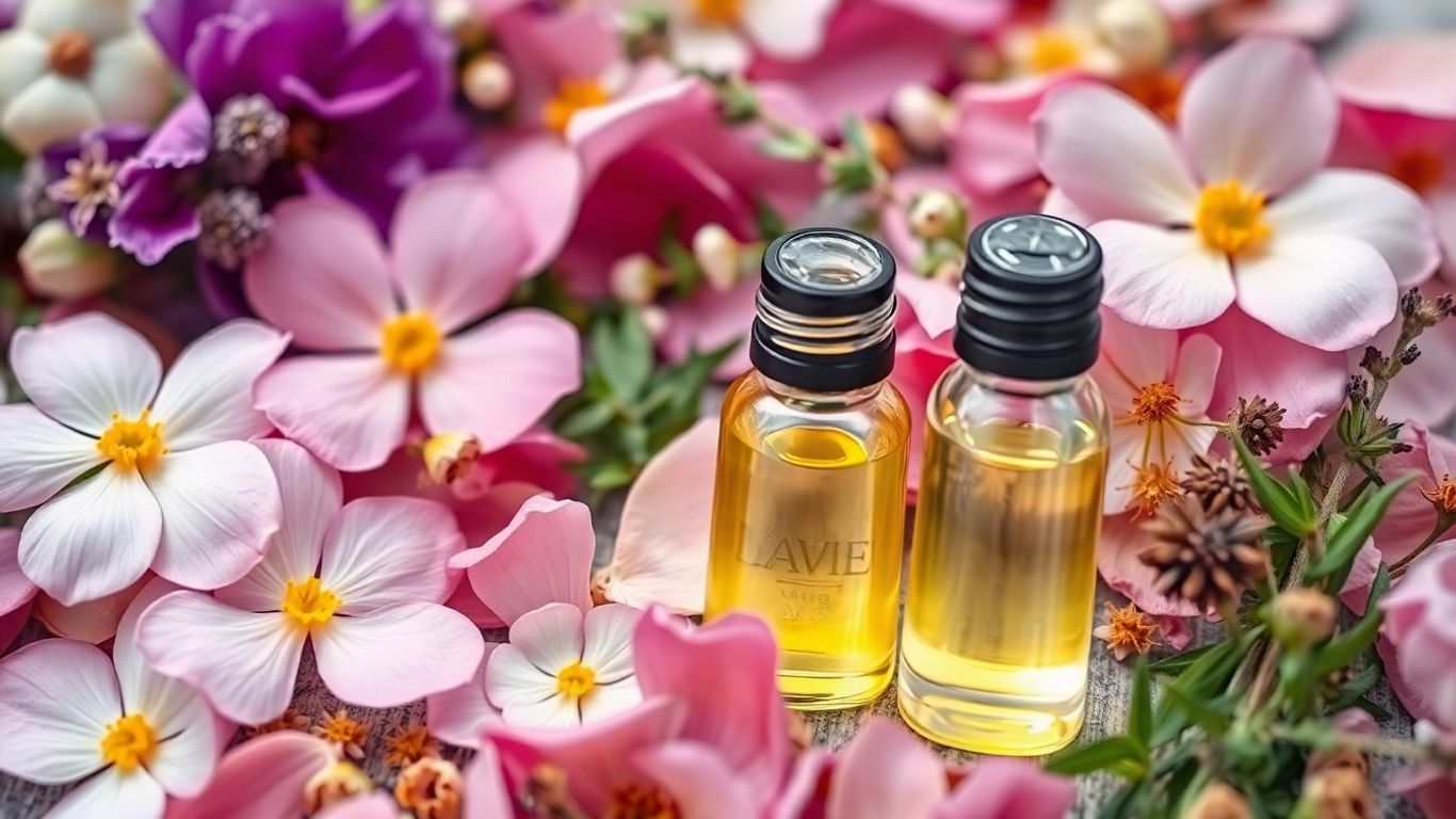Natural perfume ingredients: flowers, herbs, and essential oils.