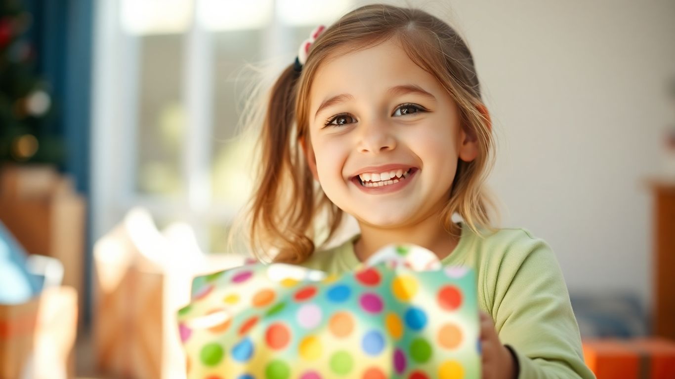 Girl happily opening a colorful birthday present.