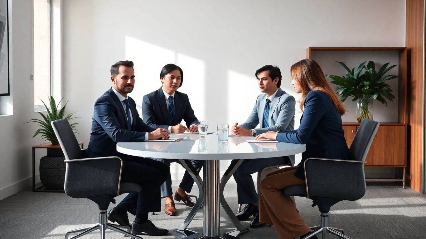 Tarifverträge in der Zeitarbeit: Ein Überblick der wichtigsten Regelungen Professionelles Meeting mit vier Kollegen im modernen Büro, blaue Farbakzente.