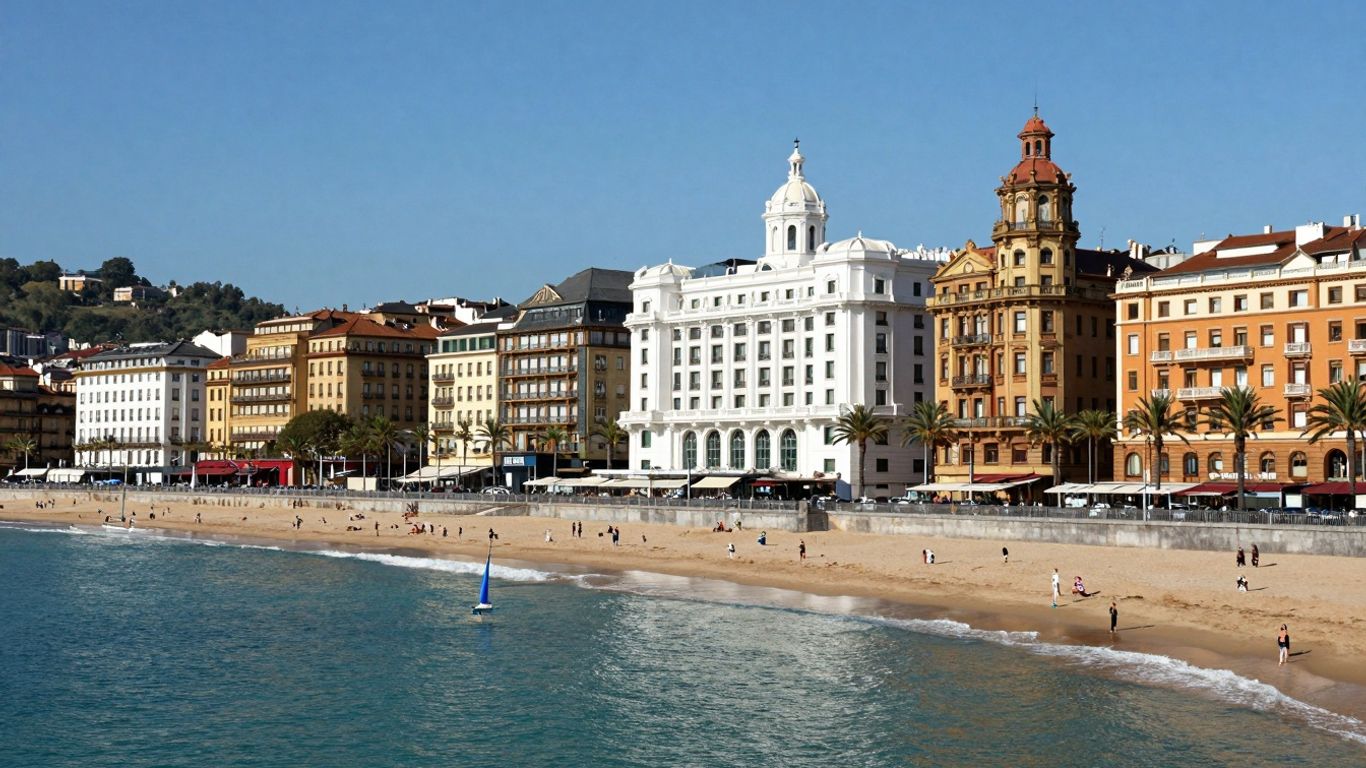 San Sebastián beach with elegant buildings and blue sea.