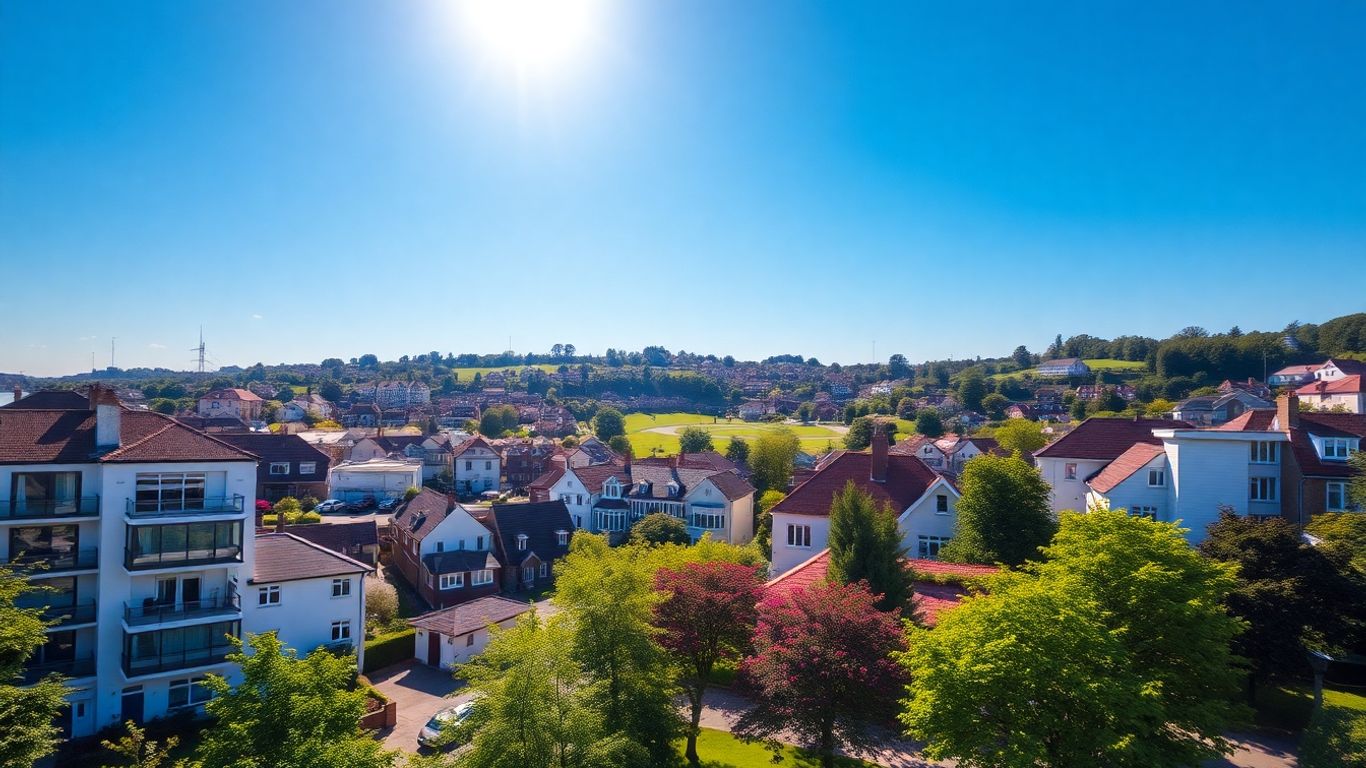 UK cityscape with houses and parks.