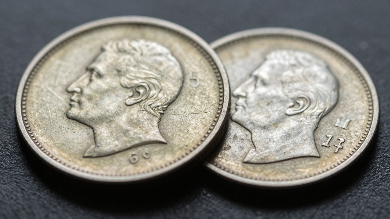 Close-up of a scratched and tarnished coin.