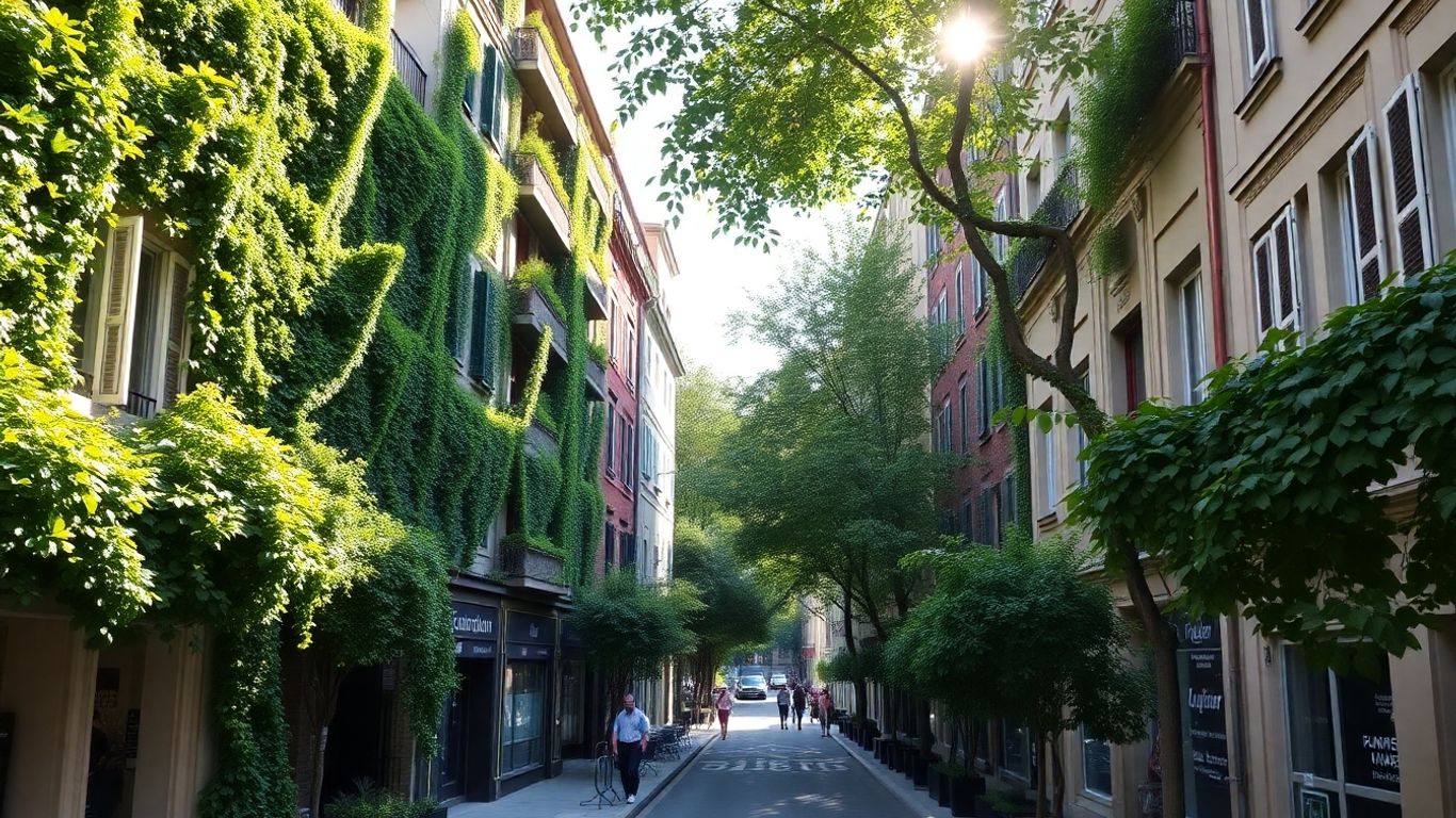 Oraș european verde cu grădini verticale și copaci.