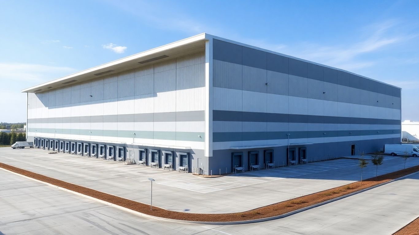Galpão logístico moderno em dia claro.