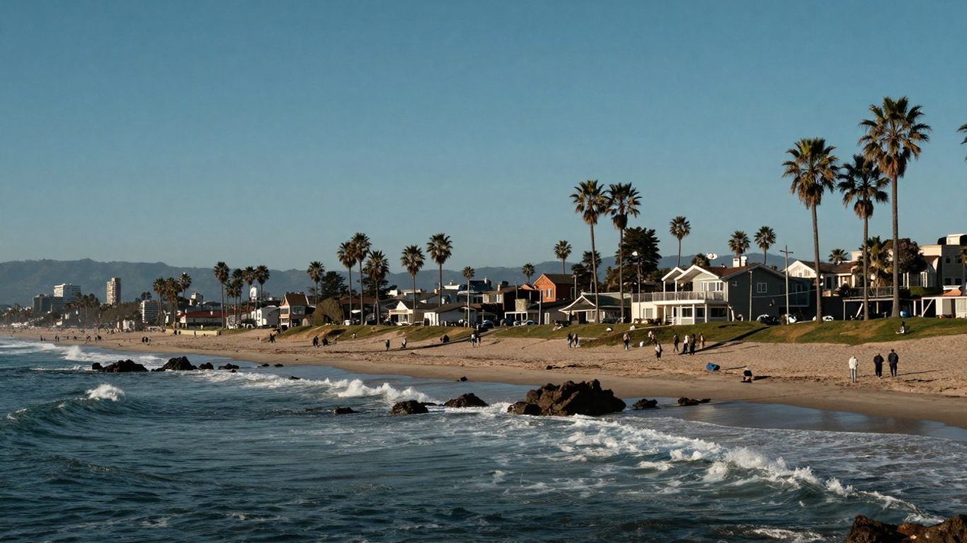 California coastline with waves, palm trees, and cityscape.
