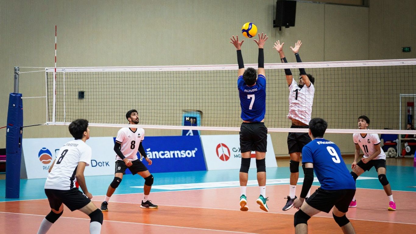 Echipă de volei în acțiune pe teren.