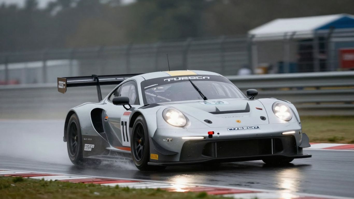 Porsche 963 racing on a wet Indianapolis track.