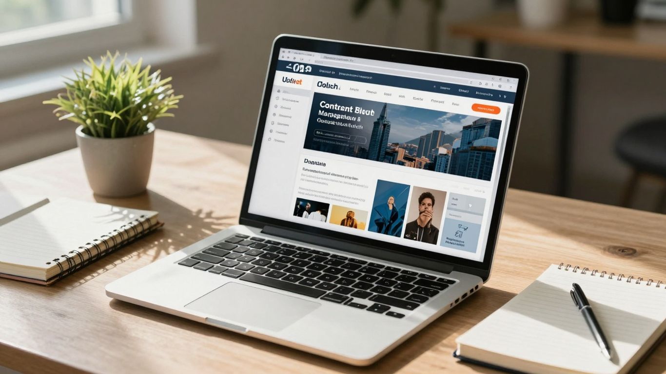 Modern workspace with content management system on laptop screen.