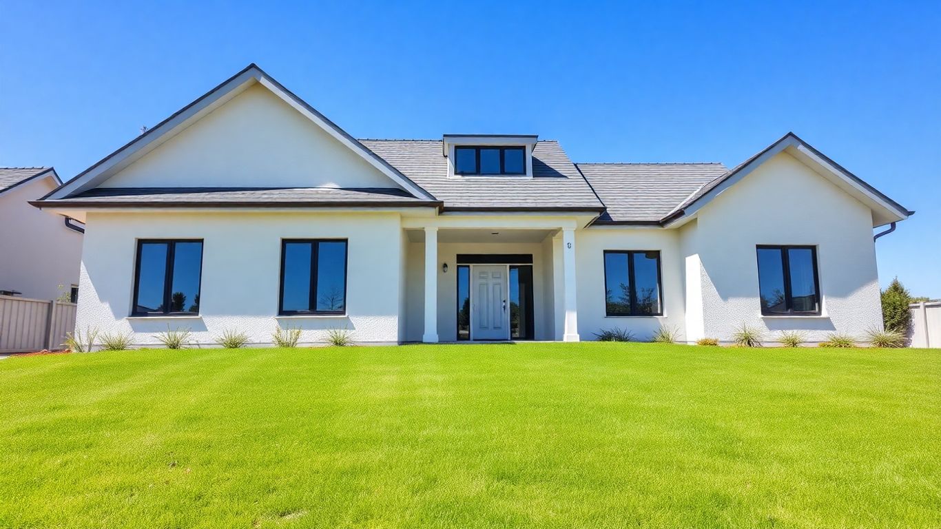 Casa moderna con césped verde y cielo azul.