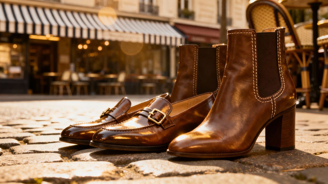 Chic Parisian-inspired women's footwear: loafers and ankle boots.